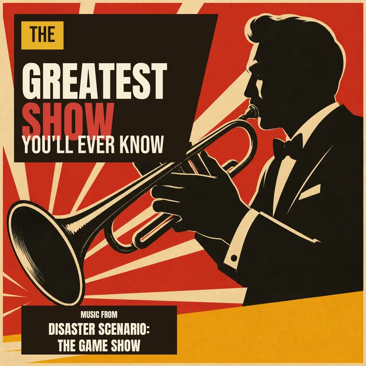 Album cover — The Greatest Show You'll Ever Know: a tuxedoed trumpet player silhouetted on a red sunburst